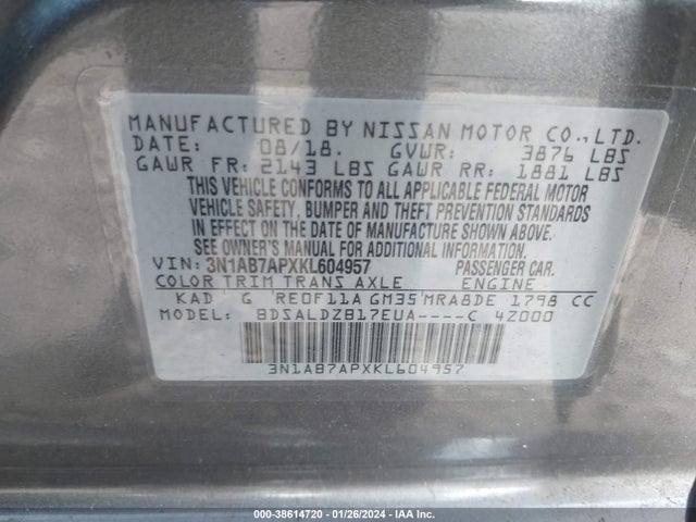 Nissan SENTRA SV 2019 3N1AB7APXKL604957 Image 9