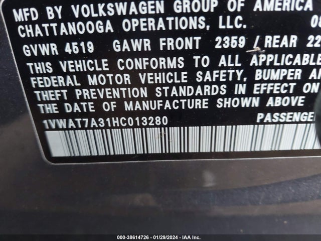 1VWAT7A31HC013280 Volkswagen Passat 1.8t S