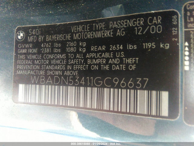 2001 BMW 5 SERIES 540I VIN: WBADN53411GC96637