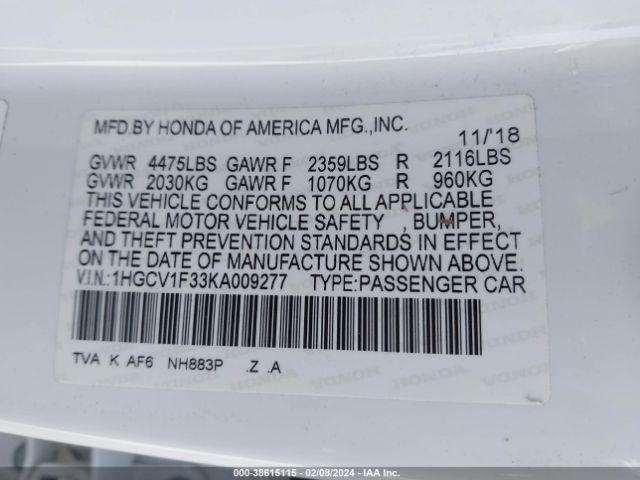1HGCV1F33KA009277 Honda Accord Sport