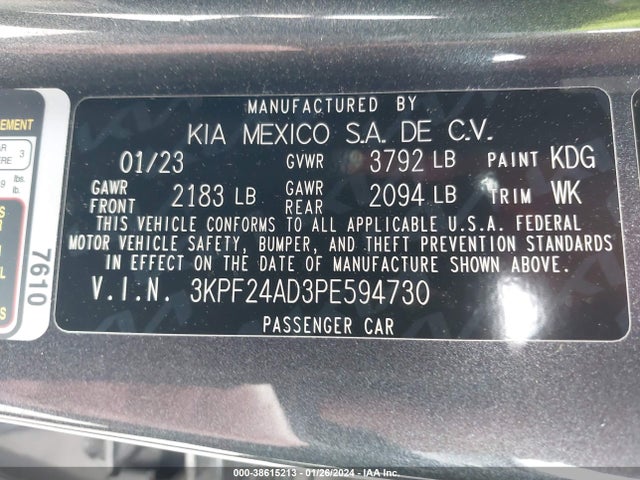 2023 KIA FORTE LXS VIN: 3KPF24AD3PE594730