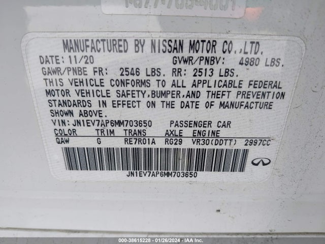 2021 INFINITI Q50 PURE VIN: JN1EV7AP6MM703650