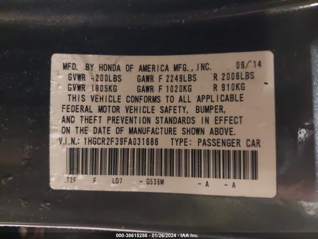 Honda ACCORD LX 2015 1HGCR2F39FA031686 Image 9