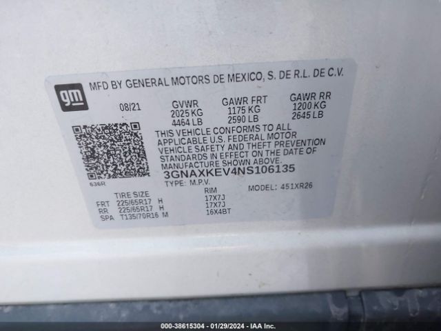 3GNAXKEV4NS106135 Chevrolet Equinox Fwd Lt