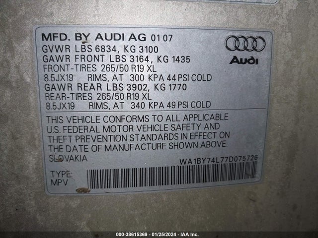 Aukcja sprzedaży 2007 Audi Q7 3.6 Premium, vin: WA1BY74L77D075726, numer aukcji: 38615369