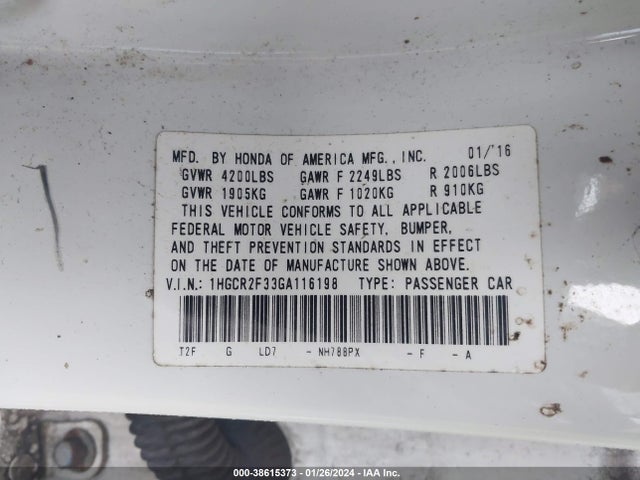 Honda ACCORD LX 2016 1HGCR2F33GA116198 Image 9