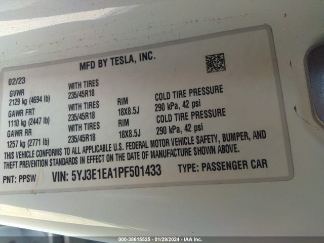 5YJ3E1EA1PF501433 Tesla Model 3 Rear-wheel Drive