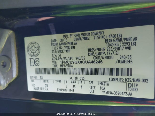 Ford ESCAPE SE 2016 1FMCU9GX8GUA46246 Image 9