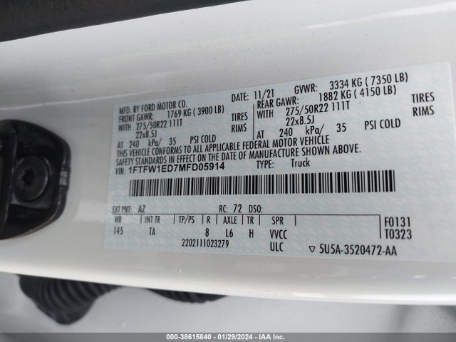 Ford F-150 Limited 2021 1FTFW1ED7MFD05914 Image 9