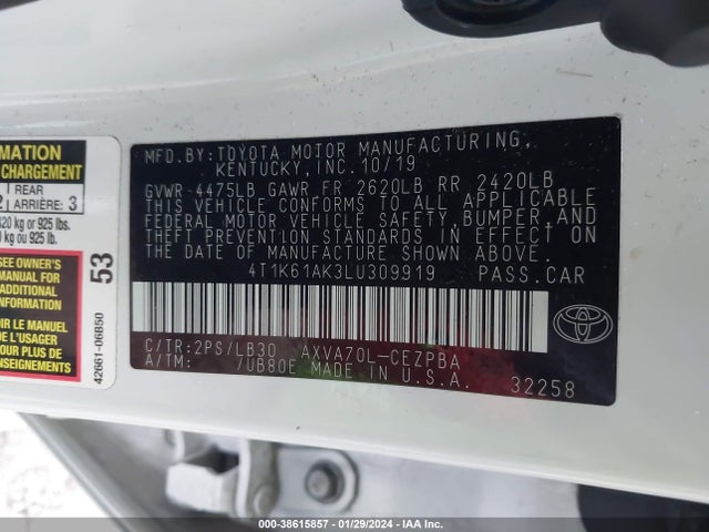 Toyota CAMRY XSE 2020 4T1K61AK3LU309919 Image 9