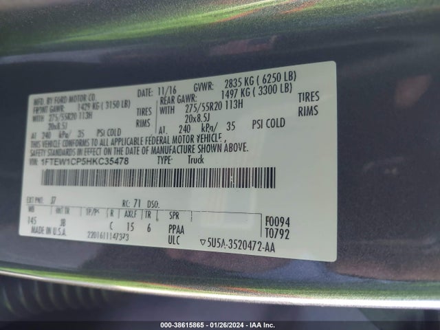 2017 FORD F-150 XLT VIN: 1FTEW1CP5HKC35478