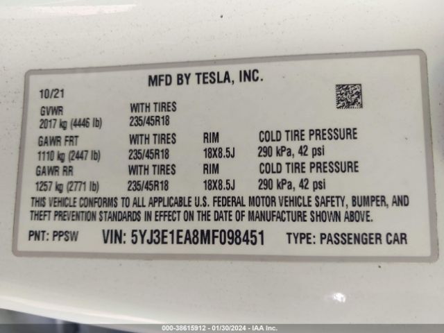 5YJ3E1EA8MF098451 Tesla Model 3 Standard Range Plus Rear-wheel Drive