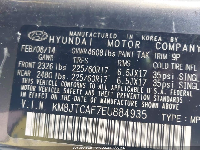 2014 HYUNDAI TUCSON GLS VIN: KM8JTCAF7EU884935