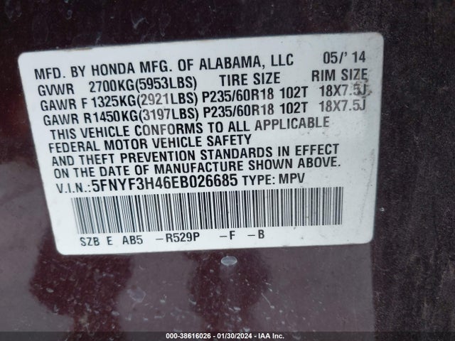 Honda Pilot Ex 2014 5FNYF3H46EB026685 Image 9