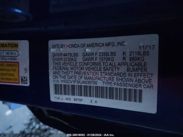 2018 HONDA ACCORD SPORT VIN: 1HGCV1F3XJA035700