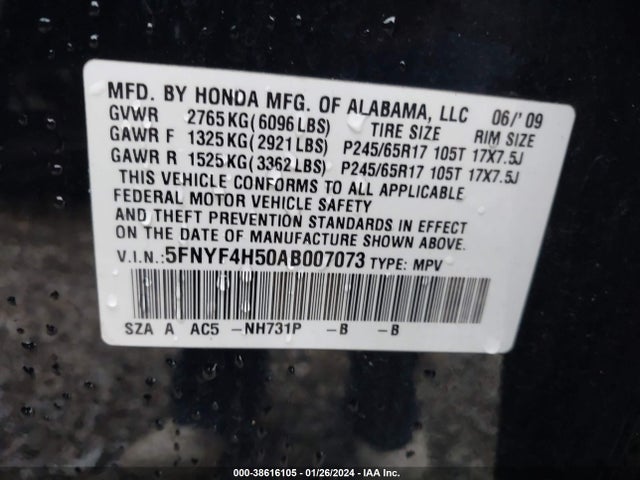 2010 HONDA PILOT EX-L VIN: 5FNYF4H50AB007073