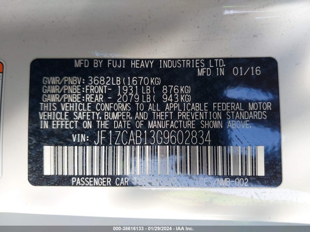 2016 SUBARU BRZ PREMIUM VIN: JF1ZCAB13G9602834