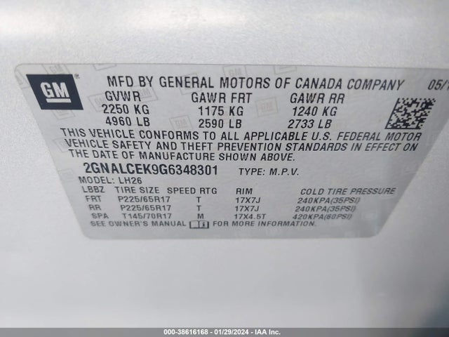 2016 CHEVROLET EQUINOX LT VIN: 2GNALCEK9G6348301