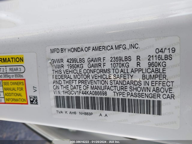 Honda ACCORD EX 2019 1HGCV1F44KA086698 Image 9