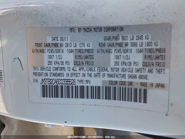 2012 MAZDA CX-9 TOURING VIN: JM3TB2CA6C0336528