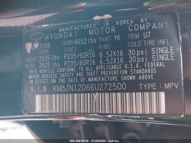 Aukcja sprzedaży 2006 Hyundai Tucson Gls/limited, vin: KM8JN12D66U272500, numer aukcji: 38616338