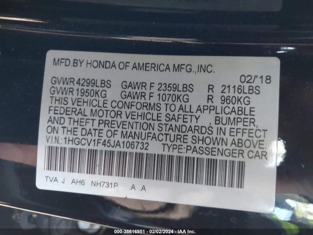 Honda ACCORD EX 2018 1HGCV1F45JA106732 Image 9