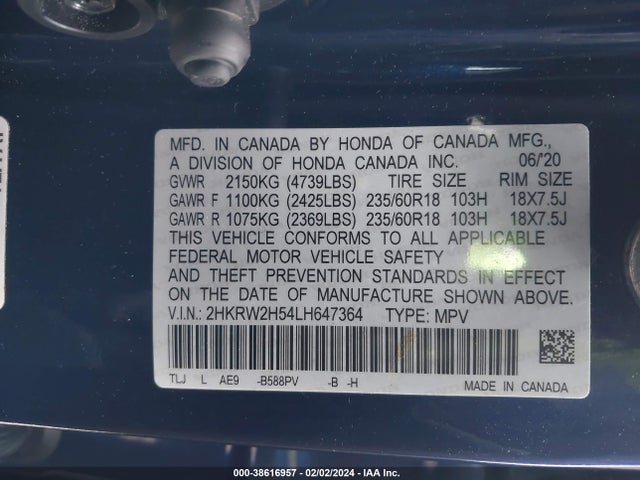 Honda Cr-v Awd Ex 2020 2HKRW2H54LH647364 Image 9