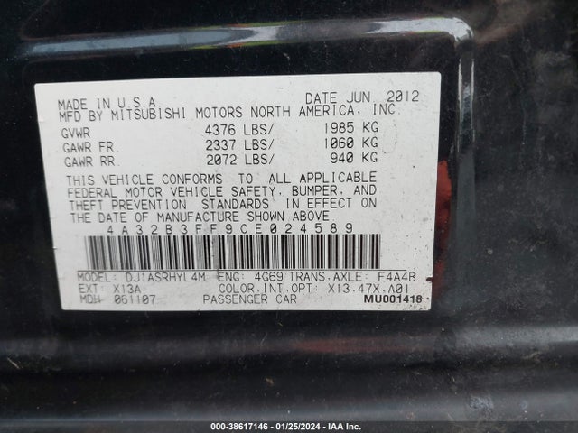 2012 MITSUBISHI GALANT ES/SE VIN: 4A32B3FF9CE024589