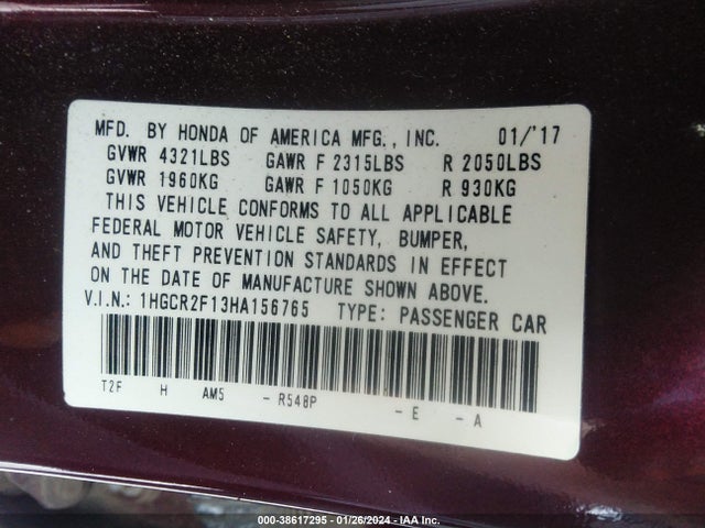 2017 HONDA ACCORD SPORT SE VIN: 1HGCR2F13HA156765
