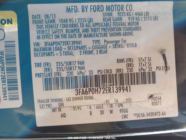 Ford FUSION SE 2014 3FA6P0H72ER139941 Image 9