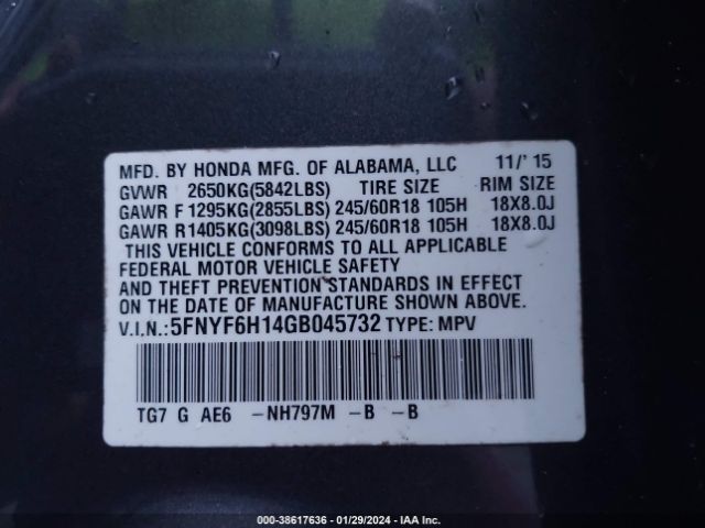5FNYF6H14GB045732 Honda PILOT LX