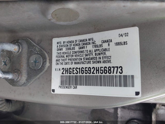 2002 HONDA CIVIC LX VIN: 2HGES16592H568773
