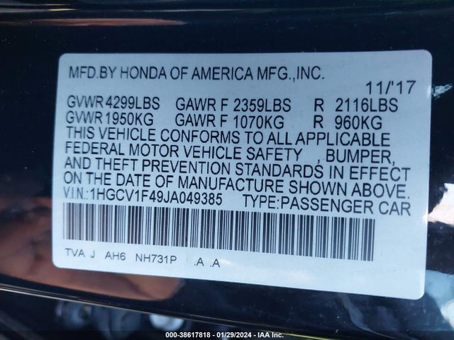 Honda ACCORD EX 2018 1HGCV1F49JA049385 Image 9