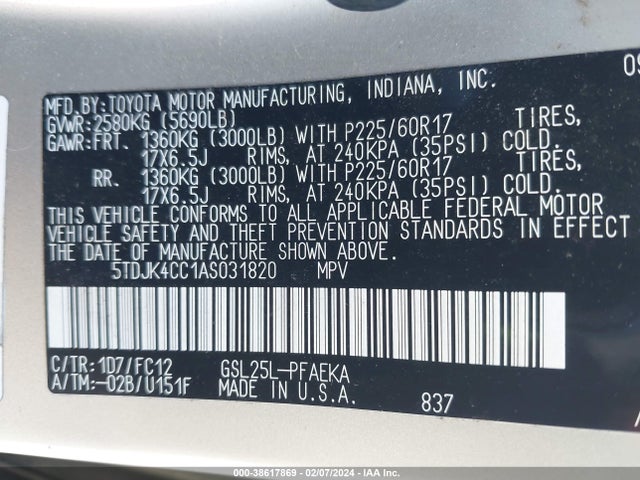 2010 TOYOTA SIENNA LE VIN: 5TDJK4CC1AS031820