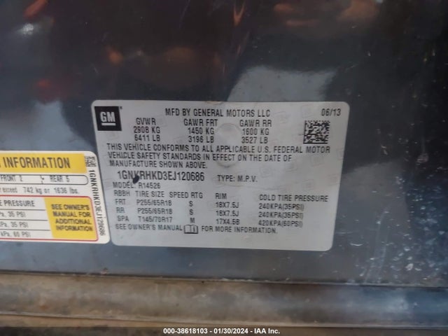 Chevrolet Traverse 2lt 2014 1GNKRHKD3EJ120686 Image 9