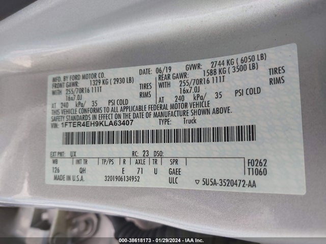 Ford RANGER XL 2019 1FTER4EH9KLA63407 Image 9