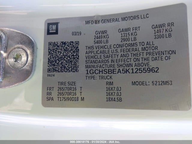 Chevrolet Colorado Wt 2019 1GCHSBEA5K1255962 Image 9