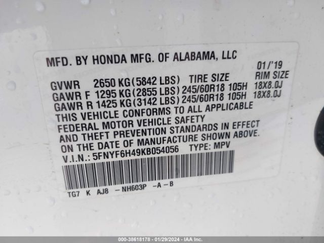5FNYF6H49KB054056 Honda Pilot Ex-l