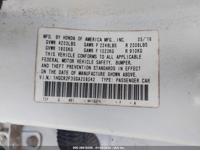 Honda ACCORD LX 2016 1HGCR2F35GA208042 Image 9