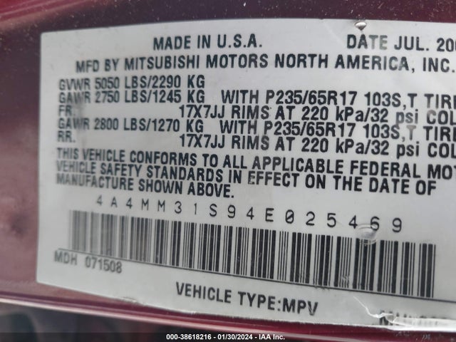 Продаж на аукціоні авто 2004 Mitsubishi Endeavor Xls, vin: 4A4MM31S94E025469, номер лоту: 38618216