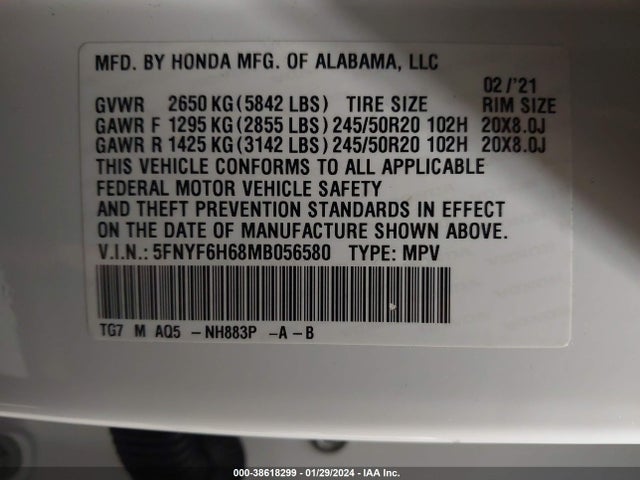 Honda Pilot Awd Touring 7 Passenger 2021 5FNYF6H68MB056580 Image 9