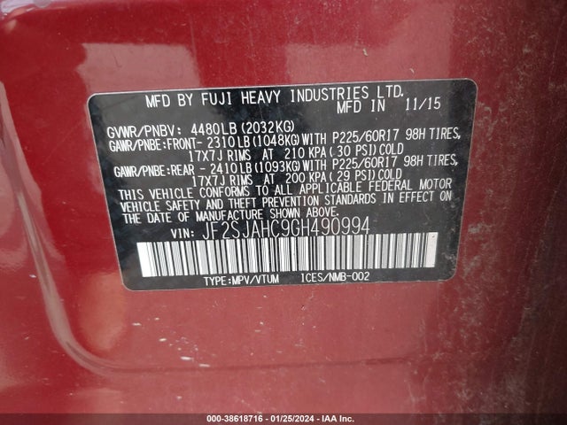 2016 SUBARU FORESTER 2.5I LIMITED VIN: JF2SJAHC9GH490994