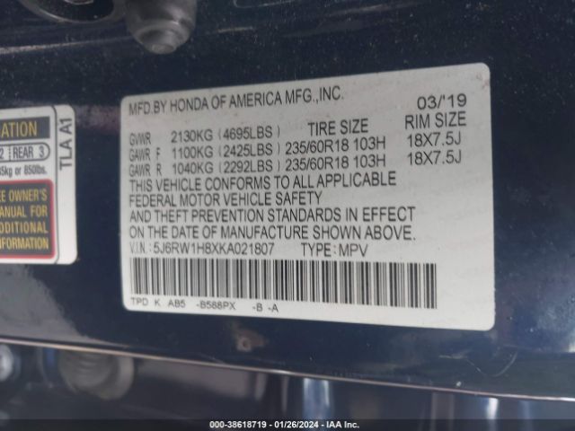 5J6RW1H8XKA021807 Honda Cr-v Ex-l