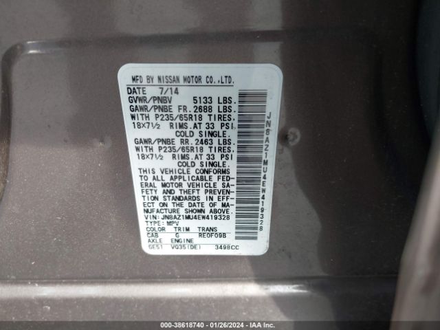 JN8AZ1MU4EW419328 Nissan MURANO SV