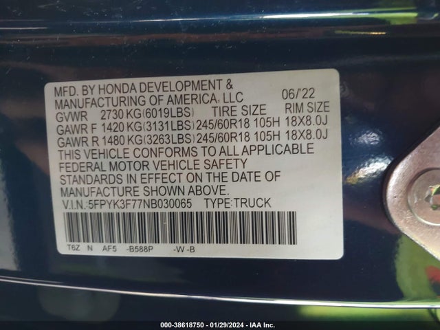 Honda Ridgeline Rtl-e 2022 5FPYK3F77NB030065 Image 9
