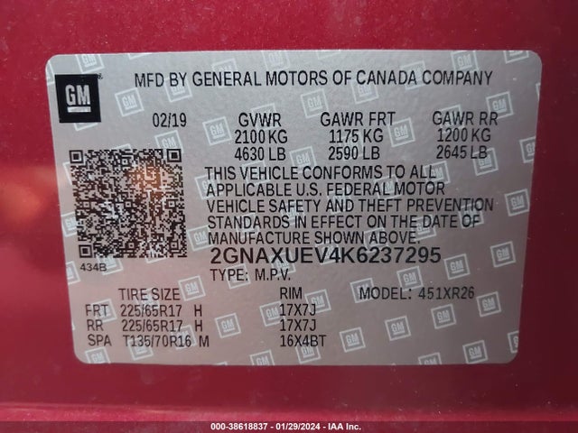 Chevrolet EQUINOX LT 2019 2GNAXUEV4K6237295 Image 9