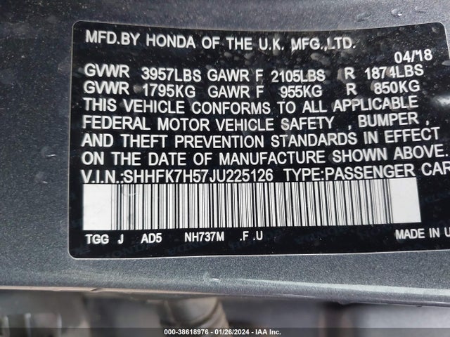 Honda CIVIC EX 2018 SHHFK7H57JU225126 Image 9