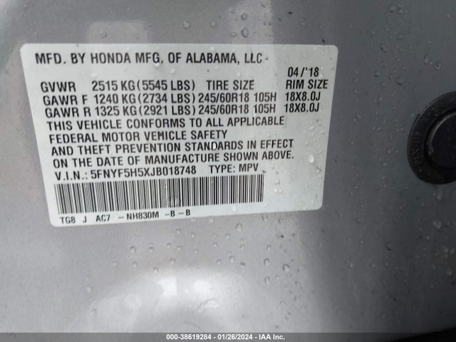 Honda Pilot Ex-l 2018 5FNYF5H5XJB018748 Image 9
