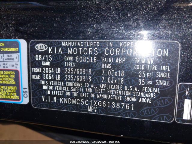 KNDMC5C1XG6138761 KIA Sedona Sx
