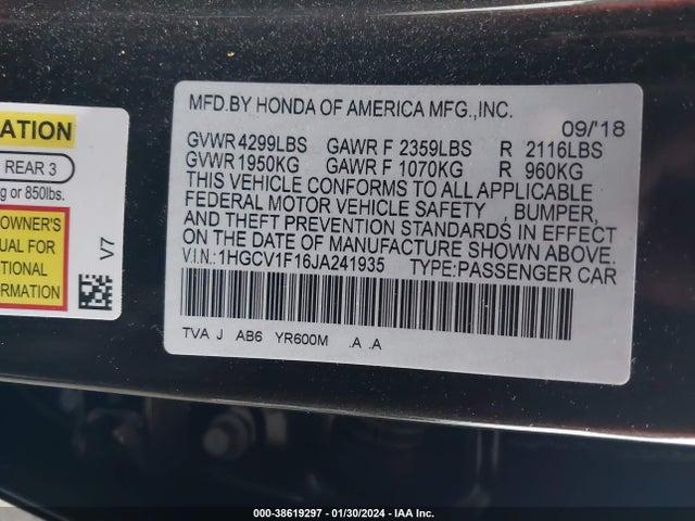 Honda ACCORD LX 2018 1HGCV1F16JA241935 Image 9